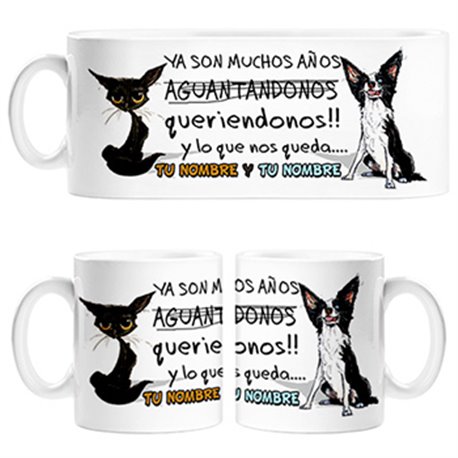 Taza perro gato ya son muchos años queriendonos personalizable con nombre