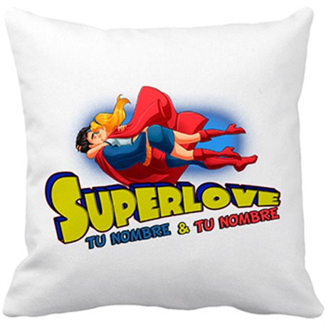 Cojín con relleno Superlove amor friki San Valentín superhéroes personalizable con nombre