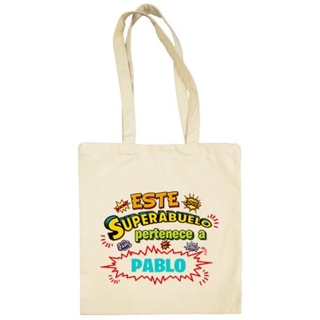Bolsa de tela personalizable con nombre ejemplo Este Super abuelo pertenece a Juan y Susana