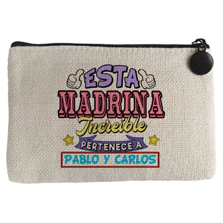 Monedero personalizable con nombre ejemplo Esta madrina increíble pertenece a Pablo y Carlos