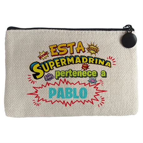 Monedero personalizable con nombre ejemplo Esta Super madrina pertenece a Juan y Susana
