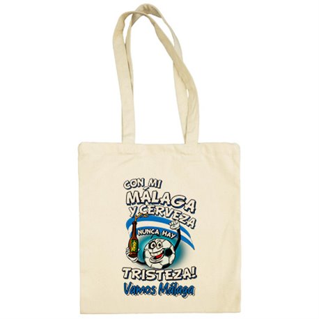 Bolsa de tela frase con mi Málaga y cerveza nunca hay tristeza para aficionado al fútbol