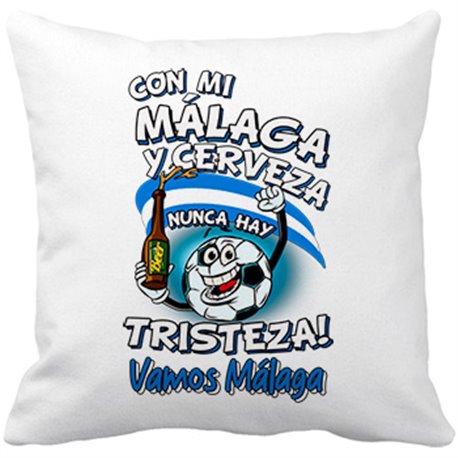 Cojín con relleno frase con mi Málaga y cerveza nunca hay tristeza para aficionado al fútbol