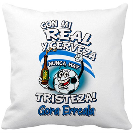 Cojín con relleno frase con mi Real y cerveza nunca hay tristeza