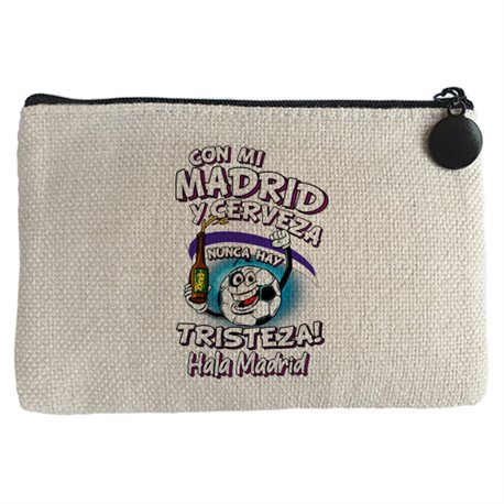 Monedero frase con mi Madrid y cerveza nunca hay tristeza merengue fútbol