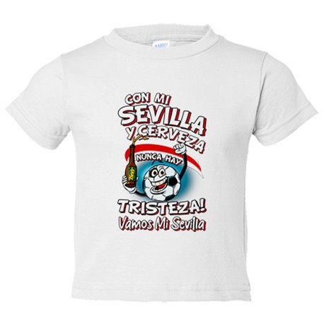 Camiseta bebé frase con mi Sevilla y cerveza nunca hay tristeza para aficionado al fútbol