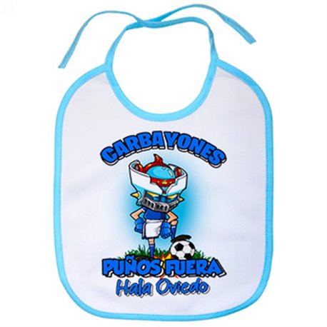 Babero frase carbayones puños fuera parodia robot de los 80 para nostálgicos futboleros de Oviedo