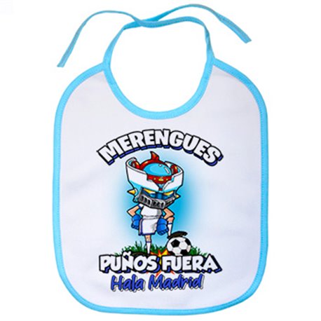 Babero frase merengues puños fuera parodia robot de los 80 para nostálgicos futboleros de Madrid (DESACTIVAR)