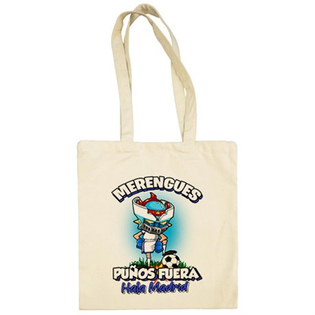 Bolsa de tela frase merengues puños fuera parodia robot de los 80 para nostálgicos futboleros de Madrid (DESACTIVAR)