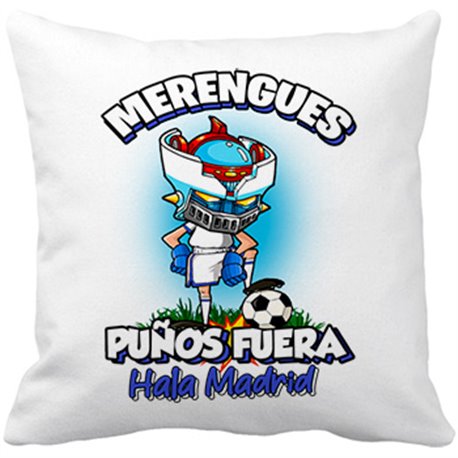 Cojín con relleno frase merengues puños fuera parodia robot de los 80 para nostálgicos futboleros de Madrid (DESACTIVAR)