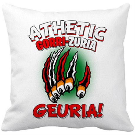 Cojín con relleno para futboleros del Athletic frase gorri zuria geuria (en negro y gris sobretodo)
