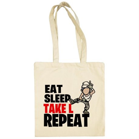 Bolsa de tela parodia pose baile gamer frase eat sleep Take L repeat