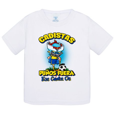Camiseta bebé frase cadistas puños fuera parodia robot de los 80 para nostálgicos futboleros de Cádiz