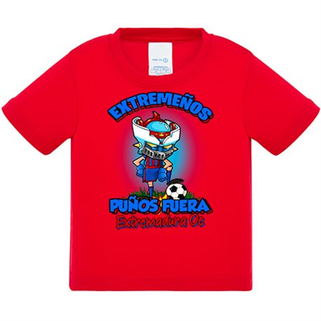 Camiseta bebé frase extremeños puños fuera parodia robot de los 80 para nostálgicos futboleros de Extremadura