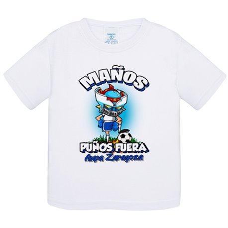 Camiseta bebé frase maños puños fuera parodia robot de los 80 para nostálgicos futboleros de Zaragoza