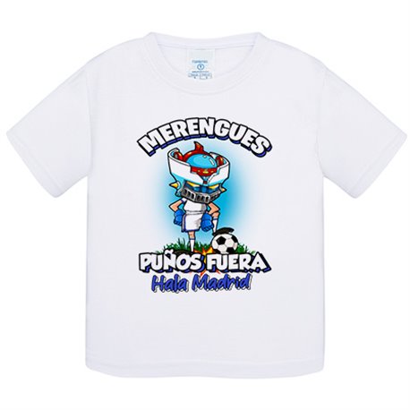 Camiseta bebé frase merengues puños fuera parodia robot de los 80 para nostálgicos futboleros de Madrid