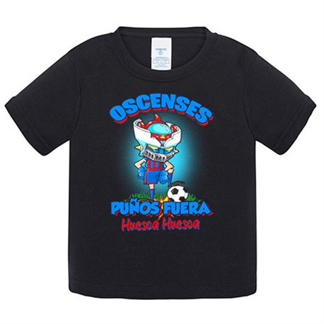 Camiseta bebé frase oscenses puños fuera parodia robot de los 80 para nostálgicos futboleros de Huesca