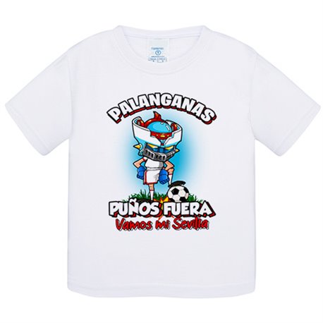 Camiseta bebé frase palanganas puños fuera parodia robot de los 80 para nostálgicos futboleros de Sevilla