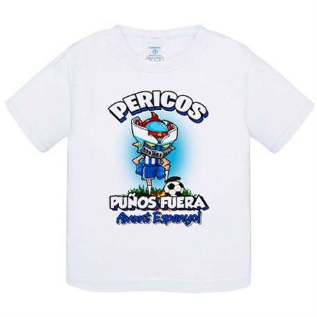 Camiseta bebé frase pericos puños fuera parodia robot de los 80 para nostálgicos futboleros del equipo espanyol