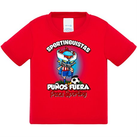 Camiseta bebé frase sportinguistas puños fuera parodia robot de los 80 para nostálgicos futboleros del Sporting