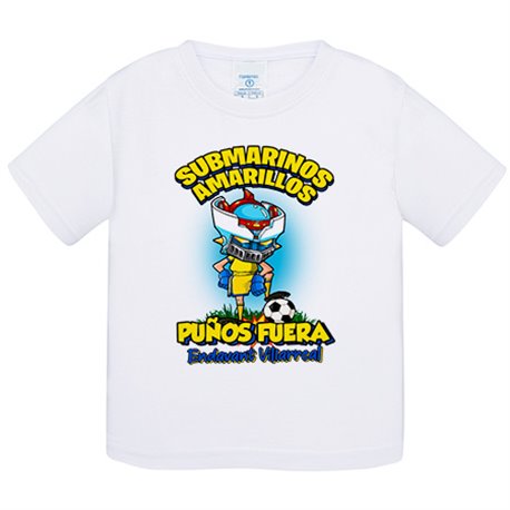 Camiseta bebé frase submarinos amarillos puños fuera parodia robot de los 80 para nostálgicos futboleros de Villarreal