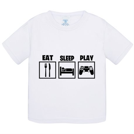 Camiseta bebé para gamers viciados de los videojuegos con frase Eat Sleep Play