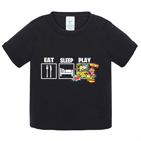 Camiseta bebé para gamers viciados de los videojuegos de lucha y shooters con frase Eat Sleep Play
