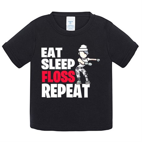 Camiseta bebé parodia pose baile gamer frase eat sleep Floss repeat