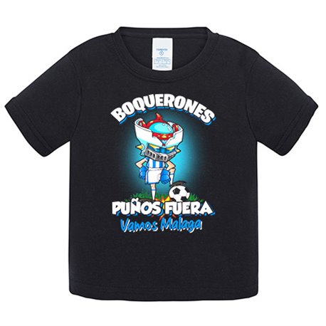 Camiseta bebé frase boquerones puños fuera parodia robot de los 80 para nostálgicos futboleros del Málaga
