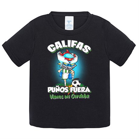 Camiseta bebé frase califas puños fuera parodia robot de los 80 para nostálgicos futboleros de Córdoba