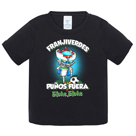 Camiseta bebé frase franjiverdes puños fuera parodia robot de los 80 para nostálgicos futboleros de Elche