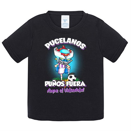 Camiseta bebé frase pucelanos puños fuera parodia robot de los 80 para nostálgicos futboleros de Valladolid