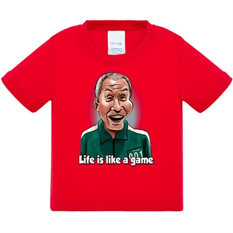 Camiseta bebé parodia del calamar caricatura del viejo jugador 001 con frase gganbu