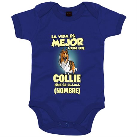 Body bebé la vida es mejor con un perro raza Collie blanco y marrón que se llama personalizable con nombre