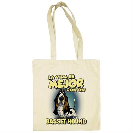 Bolsa de tela la vida es mejor con un perro de raza Basset Hound blanco y negro