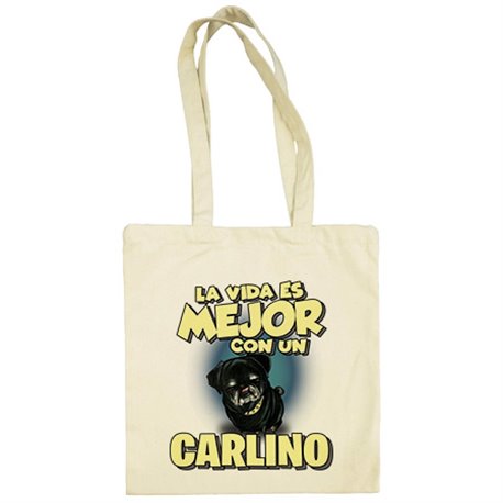 Bolsa de tela la vida es mejor con un perro de raza Carlino negro