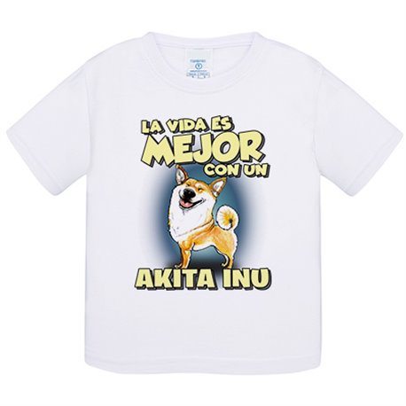 Camiseta bebé la vida es mejor con un perro de raza Akita Inu blanco y marrón