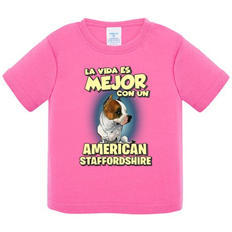 Camiseta bebé la vida es mejor con un perro de raza American Staffordshire