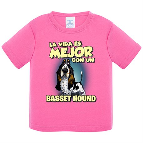 Camiseta bebé la vida es mejor con un perro de raza Basset Hound blanco y negro