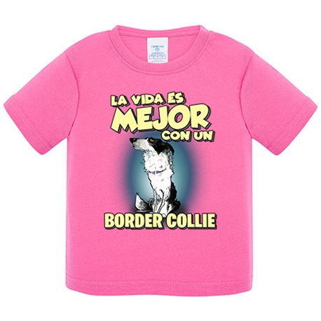 Camiseta bebé la vida es mejor con un perro de raza Border Collie blanco y negro