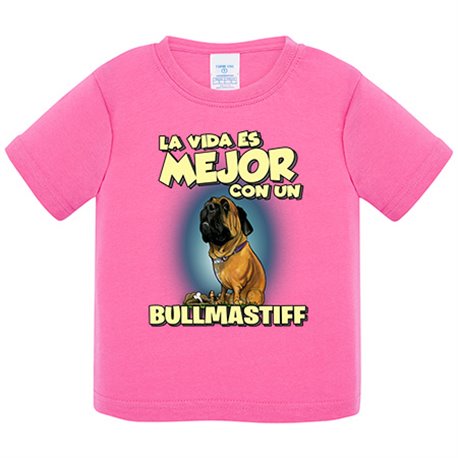 Camiseta bebé la vida es mejor con un perro de raza Bullmastiff