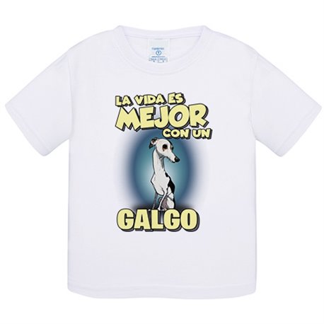 Camiseta bebé la vida es mejor con un perro de raza Galgo blanco y negro