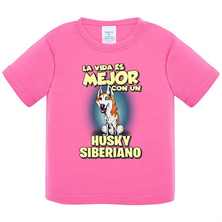 Camiseta bebé la vida es mejor con un perro de raza Husky Siberiano blanco y marrón