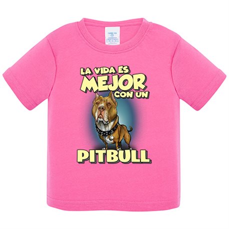 Camiseta bebé la vida es mejor con un perro de raza Pitbull canela