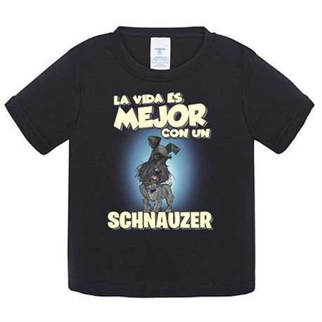 Camiseta bebé la vida es mejor con un perro de raza Schnauzer negro
