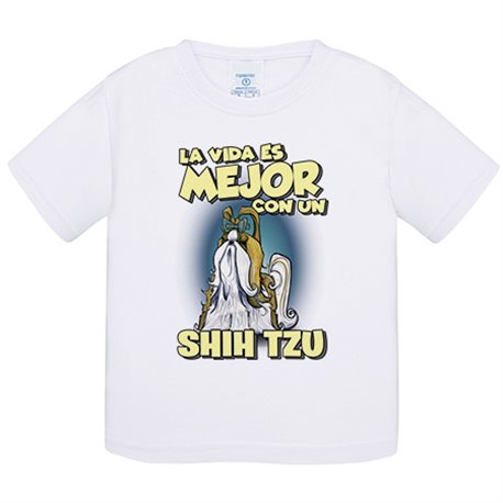 Camiseta bebé la vida es mejor con un perro de raza Shih Ttu blanco y marrón