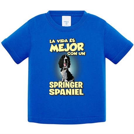 Camiseta bebé la vida es mejor con un perro de raza Springer Spaniel blanco y negro