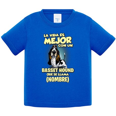 Camiseta bebé la vida es mejor con un perro raza Basset Hound blanco y negro que se llama personalizable con nombre