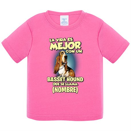 Camiseta bebé la vida es mejor con un perro raza Basset Hound que se llama personalizable con nombre