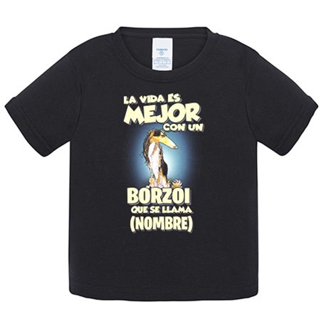 Camiseta bebé la vida es mejor con un perro raza Borzoi blanco y negro que se llama personalizable con nombre